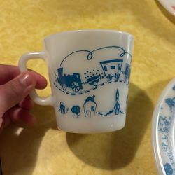 Vintage, Pyrex Milk Glass Children’s Set -Blue Train