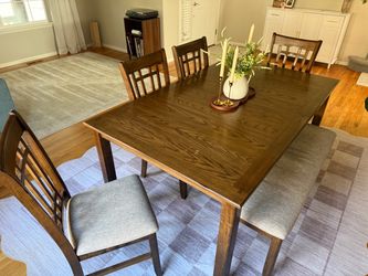 Wood Dining Table with 4 Chairs and Bench
