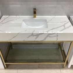 48”  Bathroom Vanity Cabinet New Gold Brass Frame With Quartz Top Sink Attached Glass Shelf Ready For Pick Up Today 