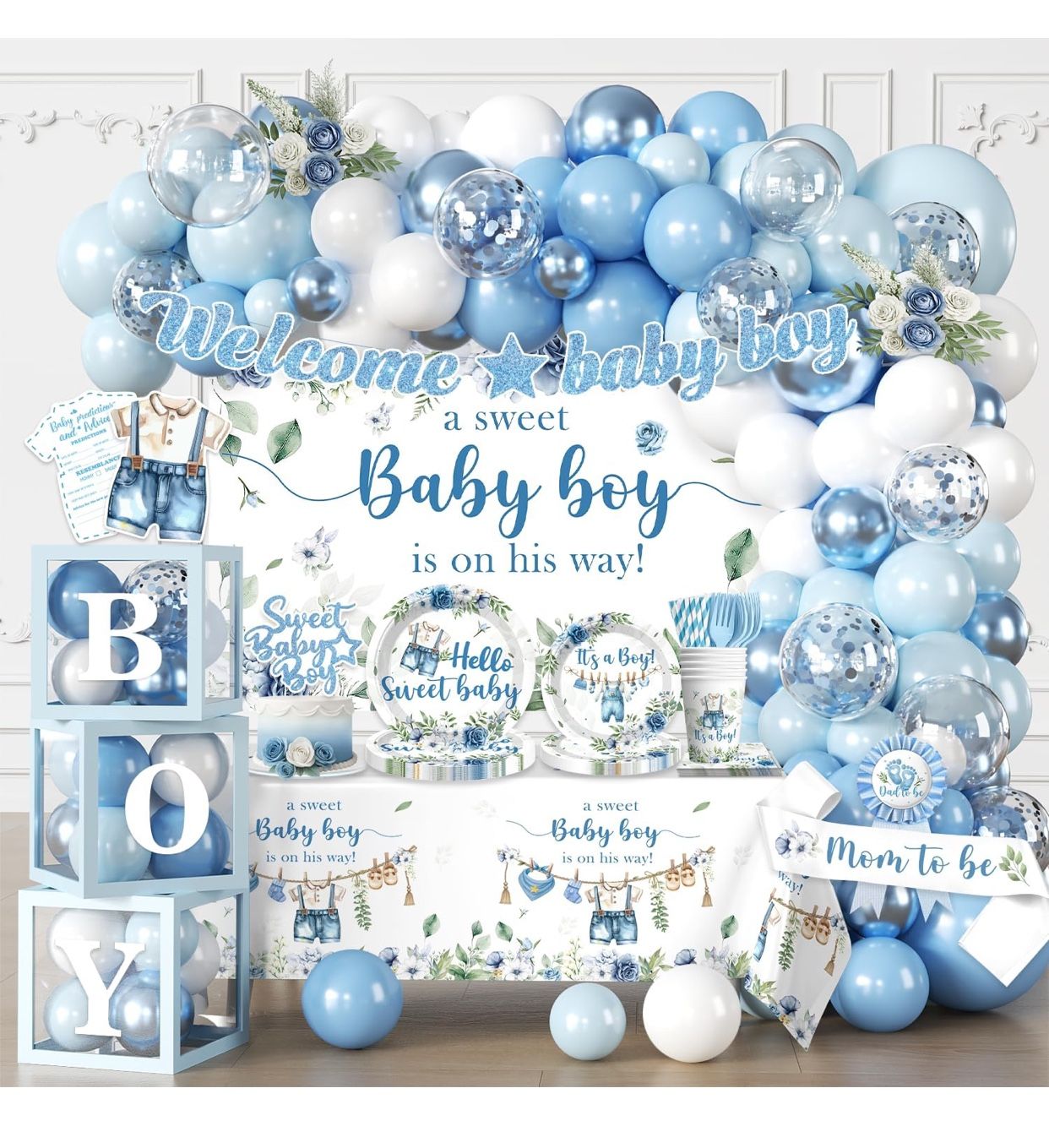 260PCS Baby Boy Baby Shower Decorations All-in-One Set with Baby Boy Balloon Arch, Tableware, Advice Cards, Cake Topper, Balloon Box, Backdrop, Sash,