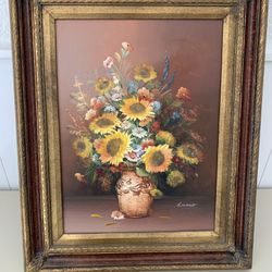 Original flower pot oil painting signed vintage framed art