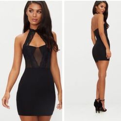 Black Lace Trim High Neck Sheer Tap Badycon Dress