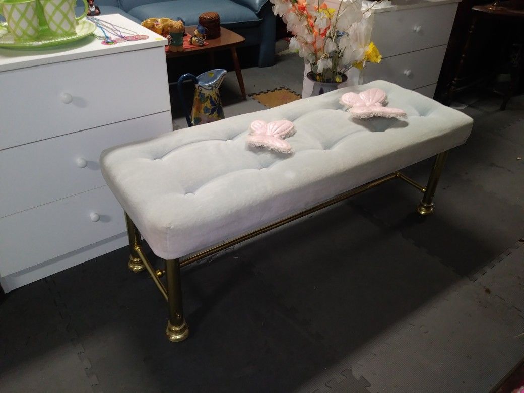 Vintage brass legged baby blue bench by Dresher Manufacturing Co.