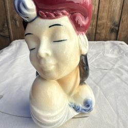 Vintage Head Vase Wall Pocket 6” Royal Copley Red Hat Blue Flower White Shawl US