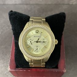 Bulova 97N102 Women’s Gold Tone Day Date Crystal Watch – 38mm – Needs Battery