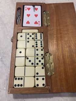 Vintage Game Set. Cards. Cribbage. And Dominos. Box Is Solid Wood.  All Is Original Except Cards. Some Were Missing, So Replaced Them. 