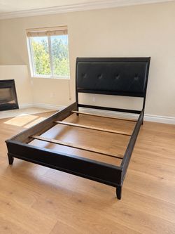 Black Wood Queen Bed Frame with Leather Tufted Headboard