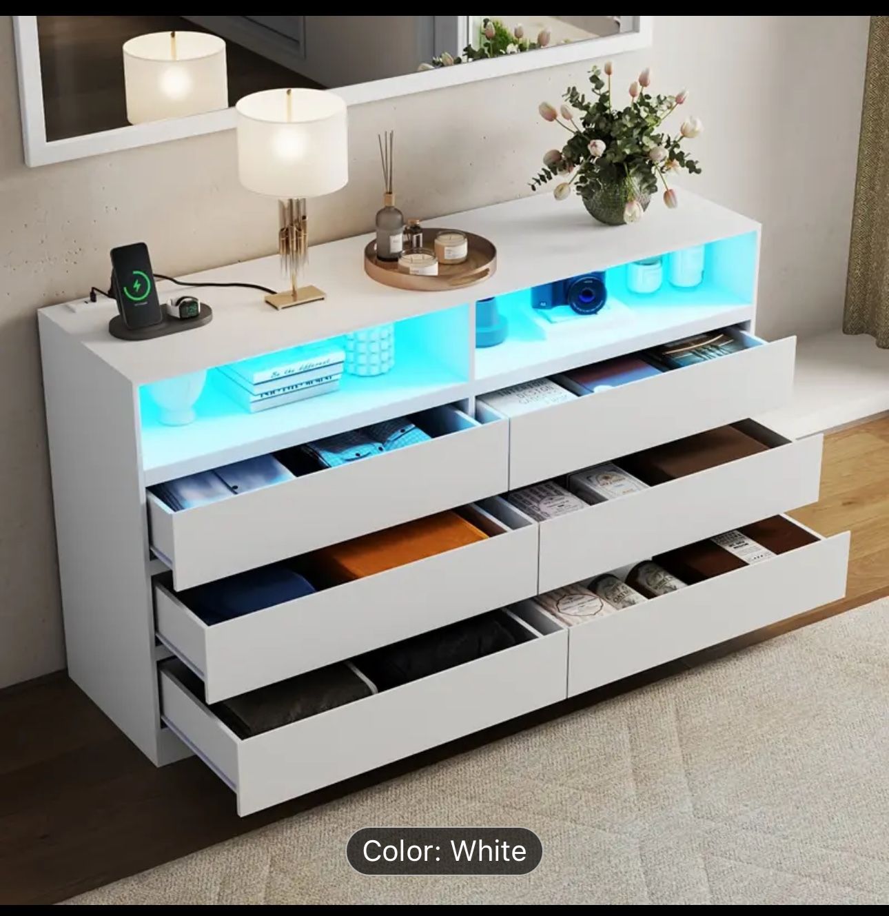 Floating Storage Cabinet with 4 Drawers, Modern Storage Organizer with LED Light, Storage Cabinet with Adjustable Shelf, Display Cabinet with Glass Do