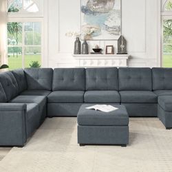 145" Gray Woven 9- Seater Sectional Sofa with ottoman