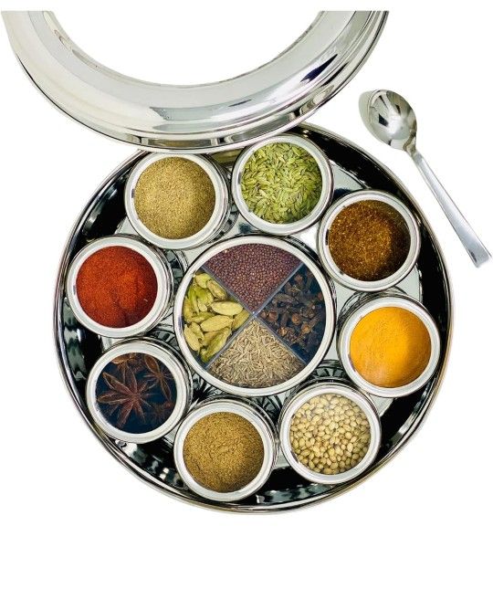 spice dabba Stainless Steel Indian Spice Box,Salt Pepper Unique Design for Spices, Steel Masala Dabba|Spice Container with Lid,Kitchen Spice Box|Size 