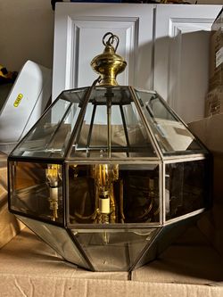 Large 20" Vintage Brass 10-Light/Panel Geometric Lantern Chandelier (6-Light)
