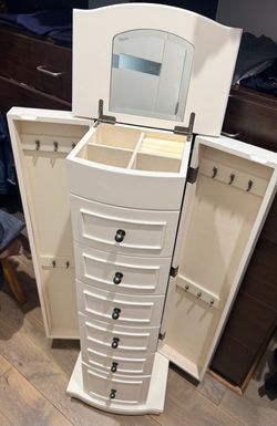 White Standing Jewelry Armoire with Mirror