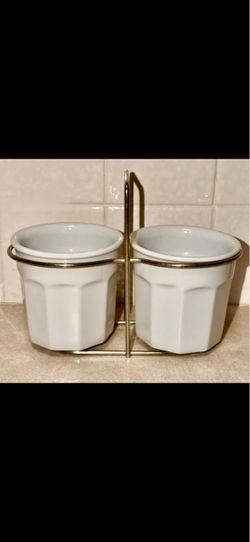 Very useful, dual ceramic (porcelain) POT SET in a metal wire stand - Like brand new