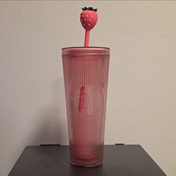 Starbucks Pink Cold Cup w/ Strawberry Straw Topper