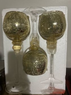 Set of 3 Gold Crackle Glass Wine Goblets