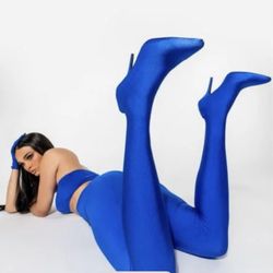 Azalea Wang Blue Pant Boots Heels Size 7.5 – Stretch Thigh High Sock Boots