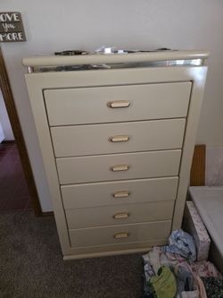 Bedroom set. White pearl Tall 6-Drawer Dresser with Gold Handles