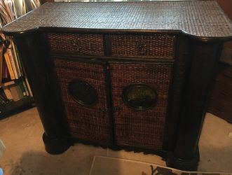 Antique Cherry Storage Cabinet w/ Wicker Braided Design