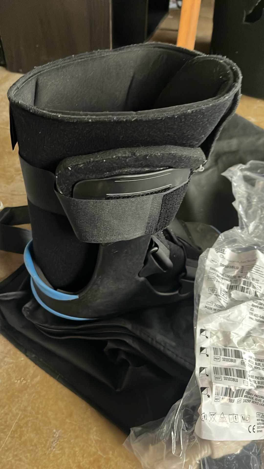 Small medical boot. Short pneumatic walker, blue.