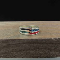 Size 4.5 Sterling Silver Green And Blue Turquoise Inlay Band Ring Vintage