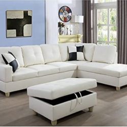White Faux Leather 3 Seater Sectional Sofa With Ottoman 
