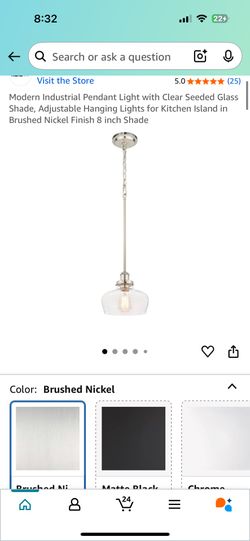 Modern Industrial Pendant Light with Clear Seeded Glass Shade, Adjustable Hanging Lights for Kitchen Island in Brushed Nickel Finish 8 inch Shade