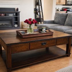 Solid Wood Coffee Table w/ Drawer & Bottom Shelf – Rustic / RH Style