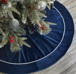 Navy 48” Blue Velvet Christmas Tree Skirt Bunny Chorus Christmas Tree Skirt, 48 inches Velvet Fur Plush Blue Tree Skirt, Xmas Tree Skirts for Merry Ch