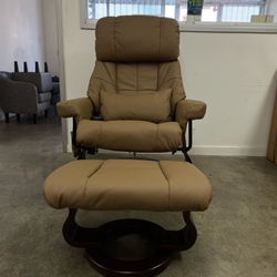 Recliner Chair & Ottoman w/ Massage and Lumbar Pillow, 360 Degree Swivel Wood Base, Faux Leather 9068