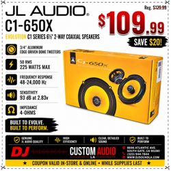 Evolution C1 Car Speakers 6 1/2 2-Way Coaxial Speaker System 225 Watts JL Audio C1-650X 🚨 Payment Options Available 🚨
