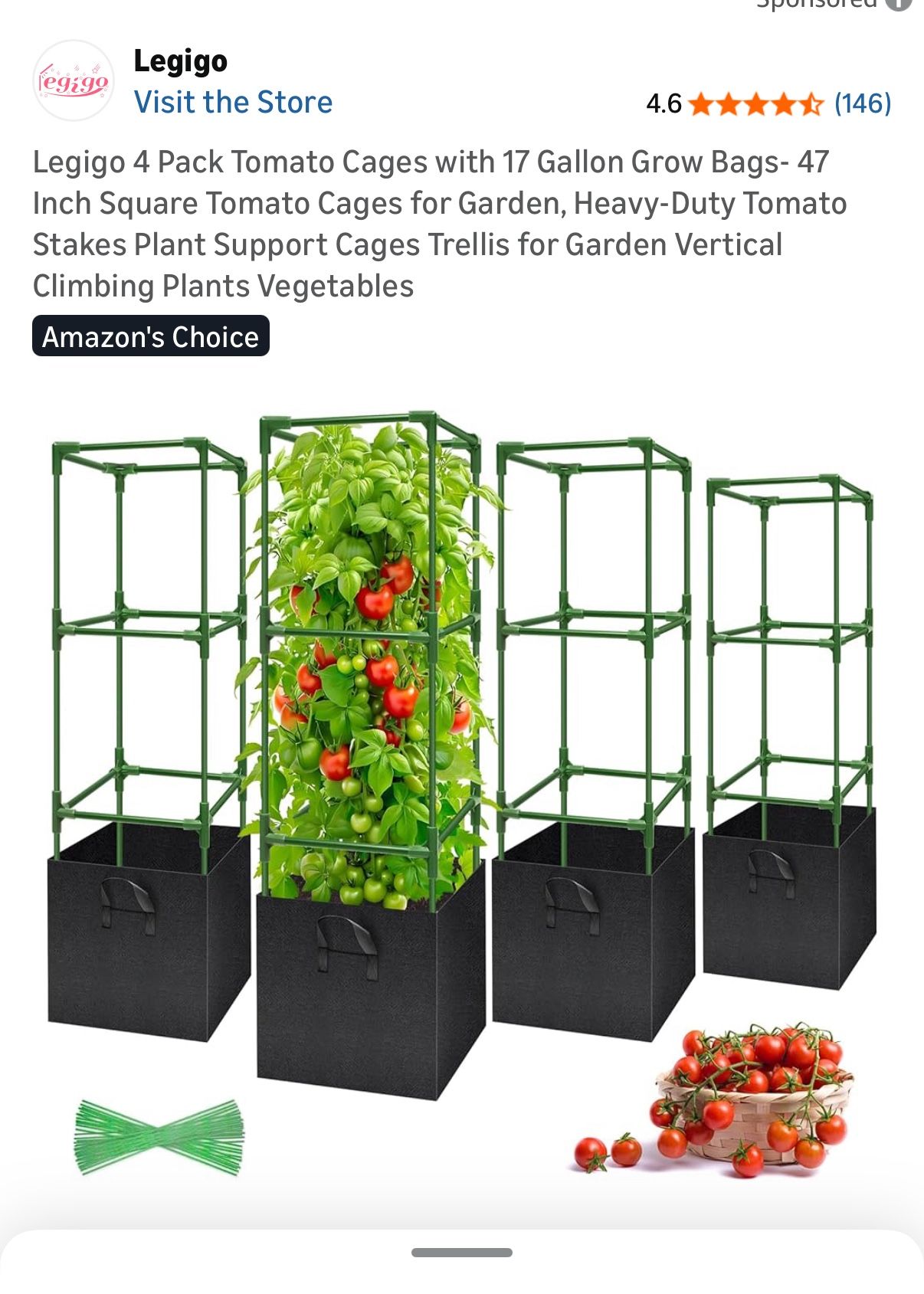 Legigo 4 Pack Tomato Cages with 17 Gallon Grow Bags- 47 Inch Square Tomato Cages for Garden, Heavy-Duty Tomato Stakes Plant Support Cages Trellis for 