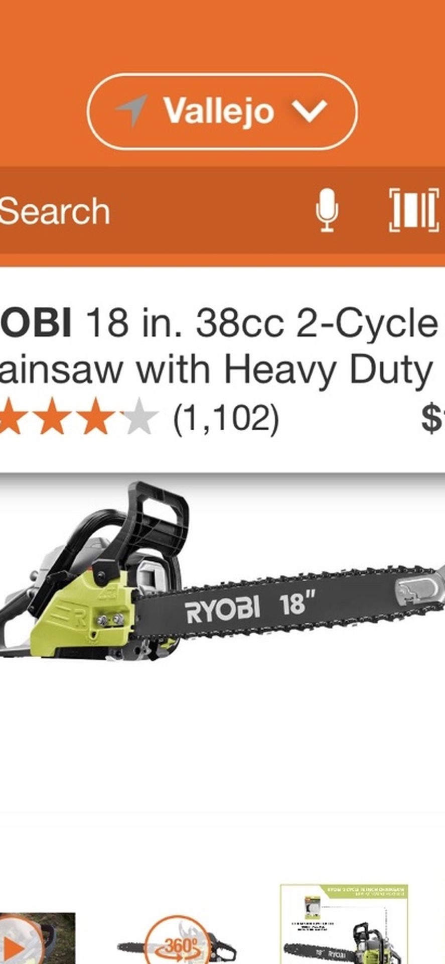 RYOBI 18 INCHES CHAINSAW 2 CICLE GAS WITH HEAVY DUTY CASE BRAND NEW