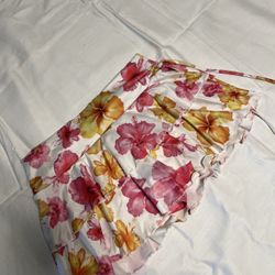Pink and yellow hibiscus print mini skirt 