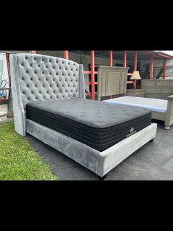 Gray Velvet Tufted Bed Frame