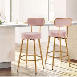 26'' Velvet Bar Stools Counter Height for Kitchen Counter with Backrest and Footrest Modern Gold Barstools Upholstered Bar Height Stools, Pink, Set of