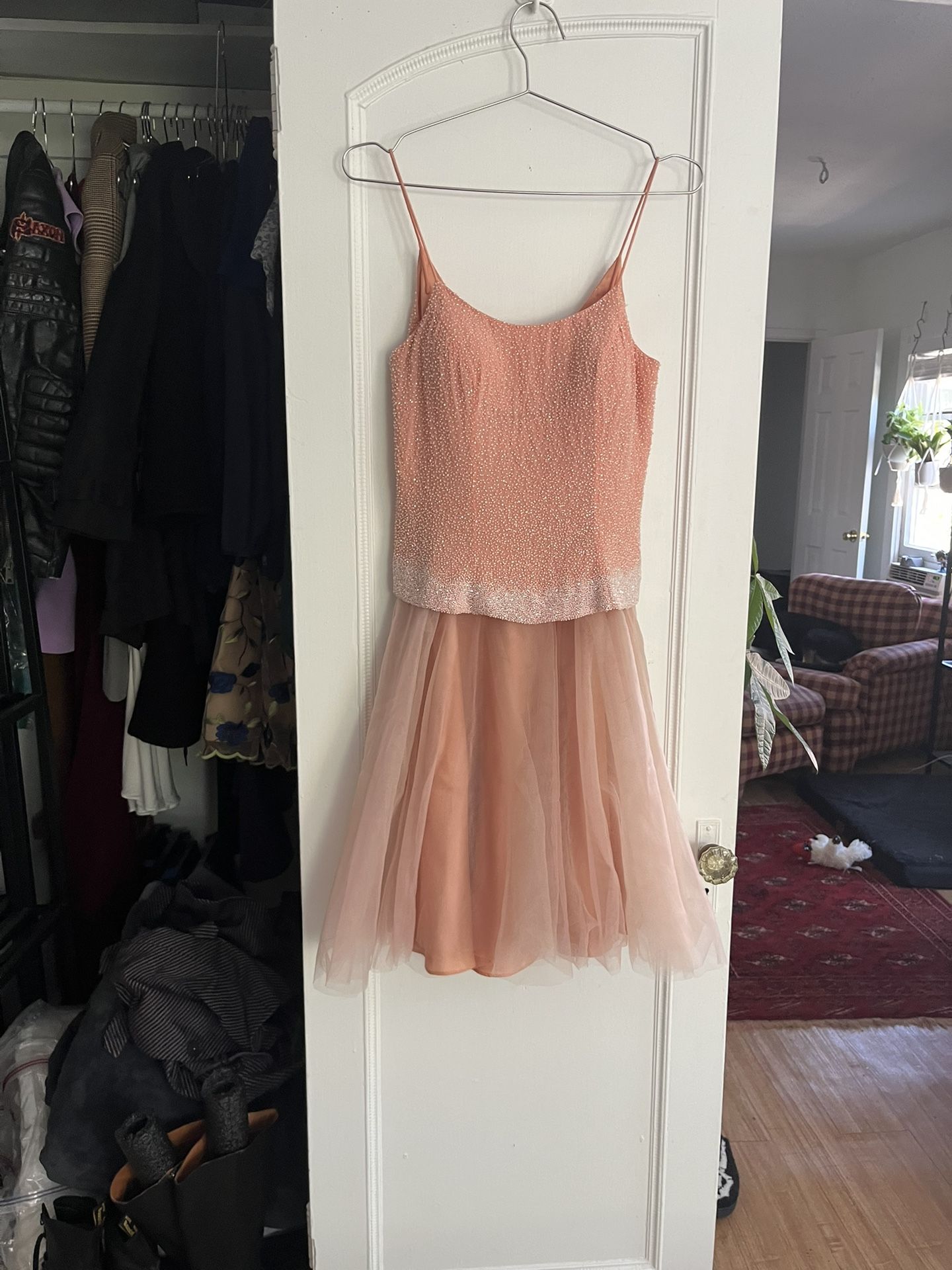 Jovani Beaded Peach Tulle Cocktail Dress – Size 6
