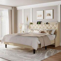 Queen Bed Frame with Upholstered Wingback Button Tufted Storage Headboard, Luxurious Platform Bed with Charging Station, Sturdy Wooden Slats Support,N
