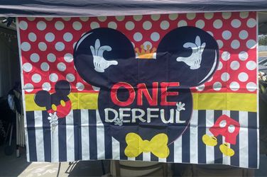 Mickey Mouse One Derful Birthday Party Backdrop Banner.