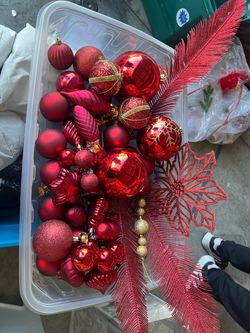 Box of red ornaments