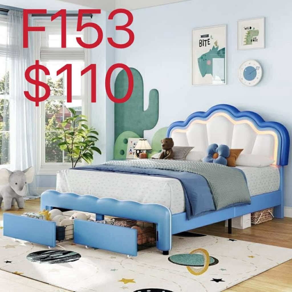 Full Size LED Bed Frame with Drawer, PU Leather Upholstered Platform Bed,Blue(F153)