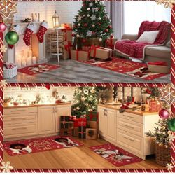 Ceenna 2 Pcs Winter Kitchen Rugs and Mats Set Snowflakes Let It Snow Reindeer Holiday Sink Floor Mat Kitchen Bathroom Xmas Tree Floor Decor for Home, 