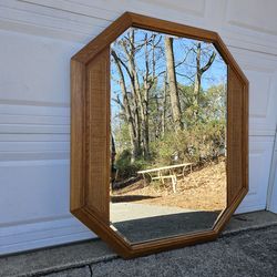 Vintage Coastal Woven Cane Octagon Accent Wall Mirror Mid-Century Modern Bohemian Boho Decor