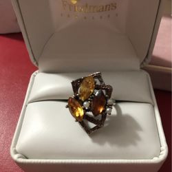 Beautiful ! Silver Adj Victorian Amber Stone Ring With Sea Pearls 
