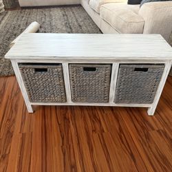 Solid Wood  And Wicker Basket Storage / Shoe Entry Way Bench 