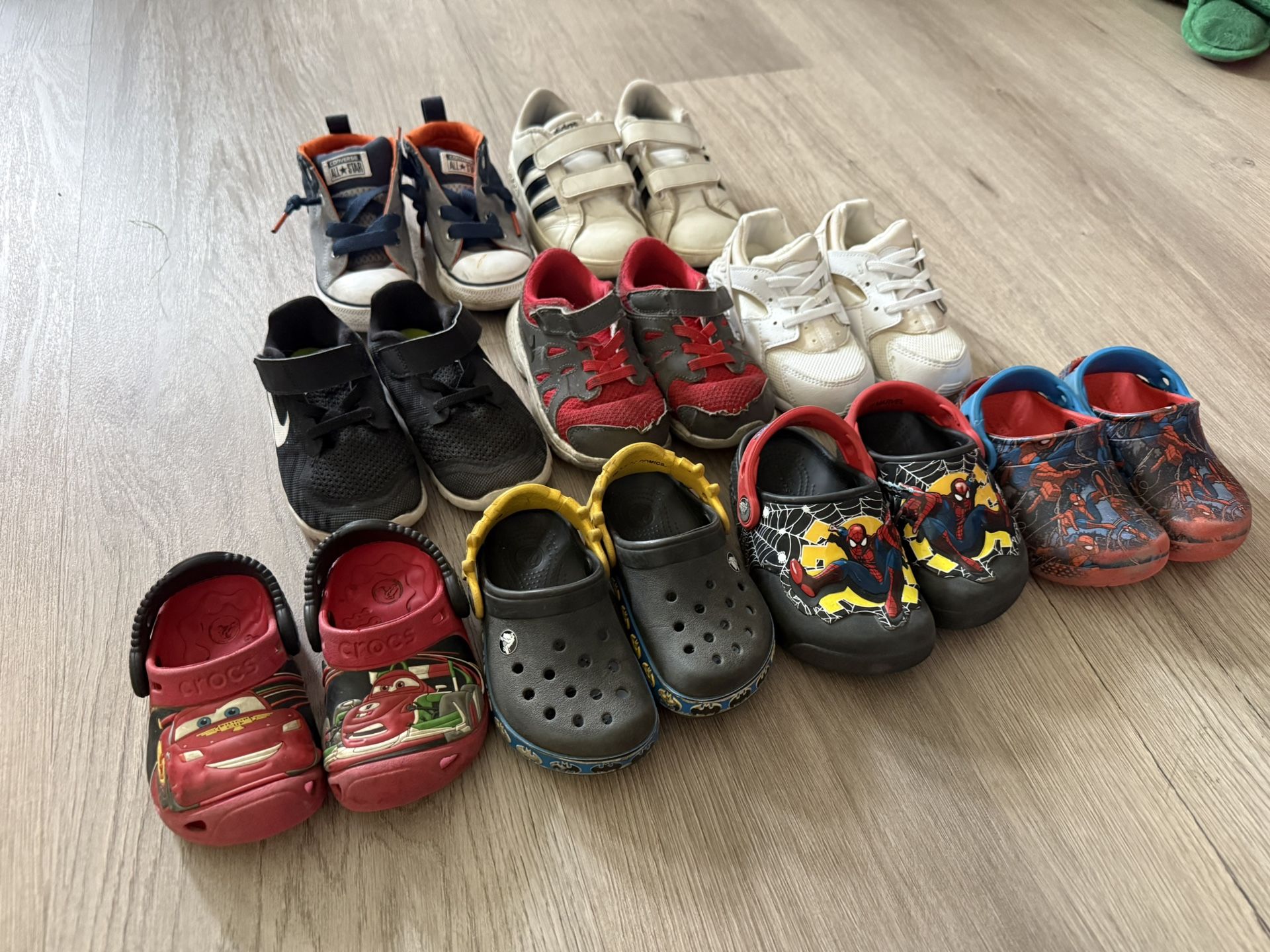 9 Pairs Of Kids Toddler Shoes Sizes 4 6 7 8 9 Nike Crocs Adidas Converse Spiderman Batman Disney Cars