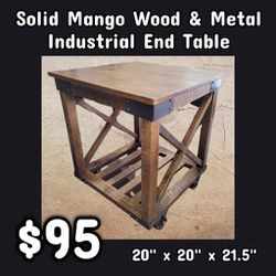 NEW Solid Mango Wood & Metal Industrial End Table: Njft