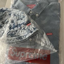 Supreme SS22 Small Box Shirt Denim sz. Medium And Fat Tip Jacquard Denim Crusher sz. M/L