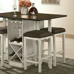 Farmhouse Style Counter Height Dining Set 4 Stools Wine Storage Glassware Rack Firm Price $620 Financing Available 