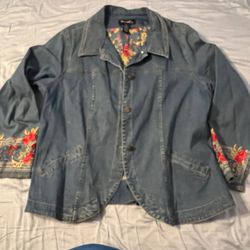 Denim and Co. plus size women’s Jean Jacket, embroidered sleeve and printed lining, 1XL