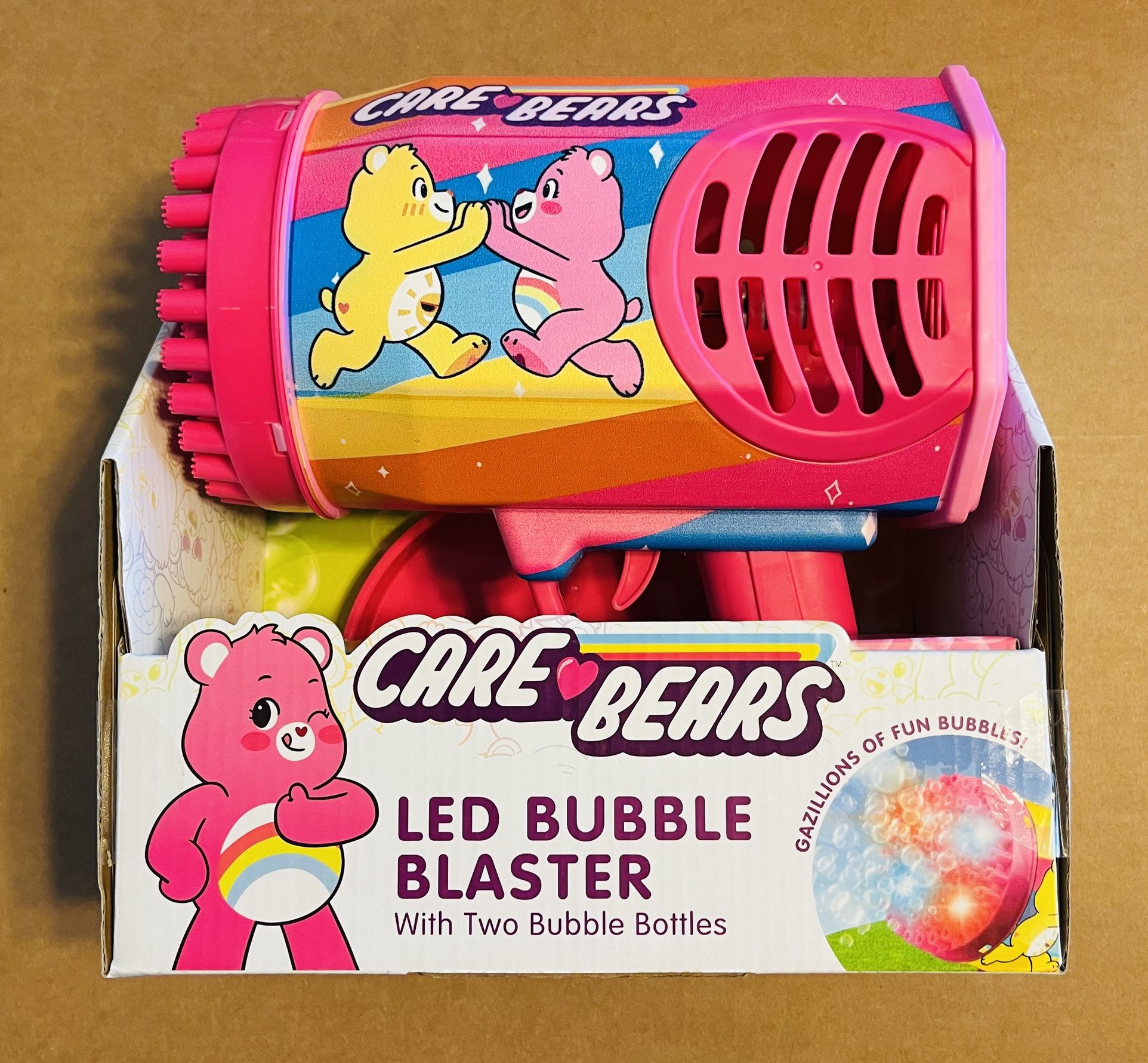Care Bears LED Bubble Blaster Gun w/ 2) Bubble Bottles Rechargeable Lights - NEW
